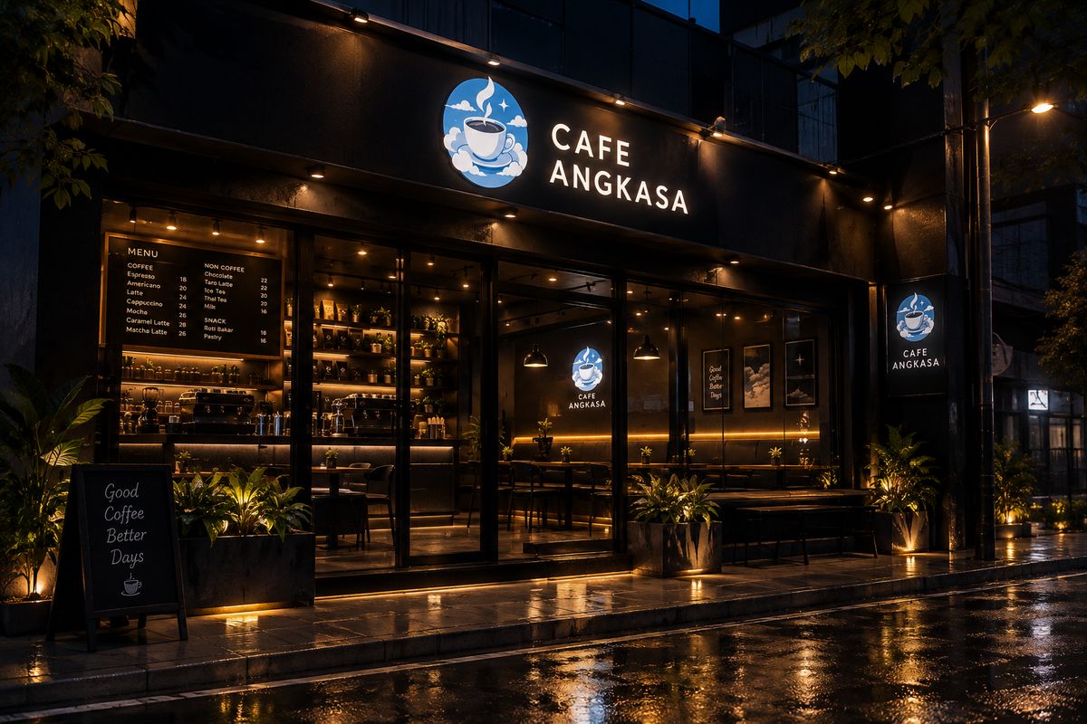 Tampak luar Cafe Angkasa di malam hari
